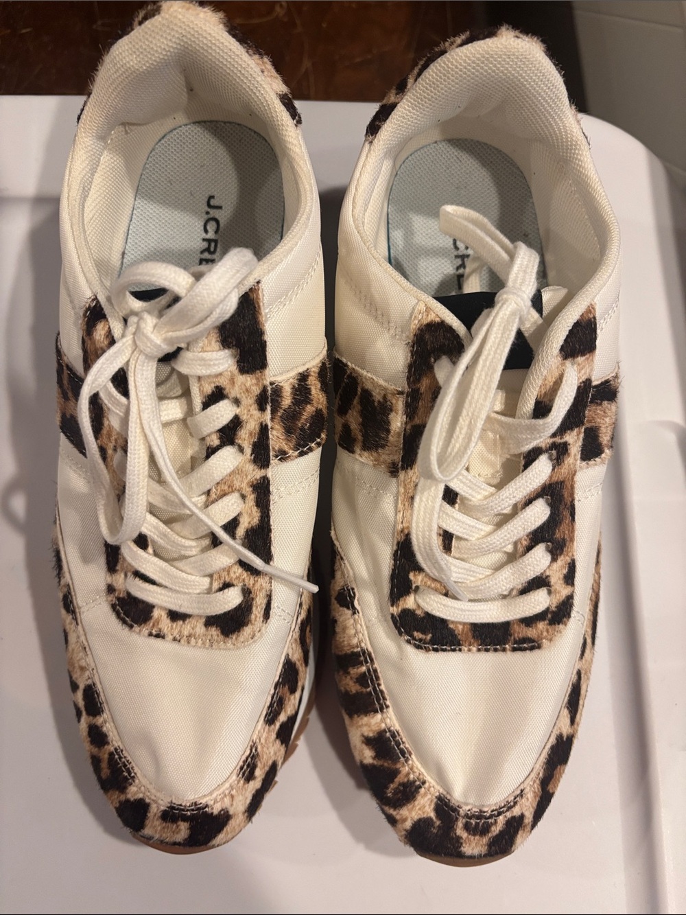 J. Crew Cream Sneakers with Leopard Trim